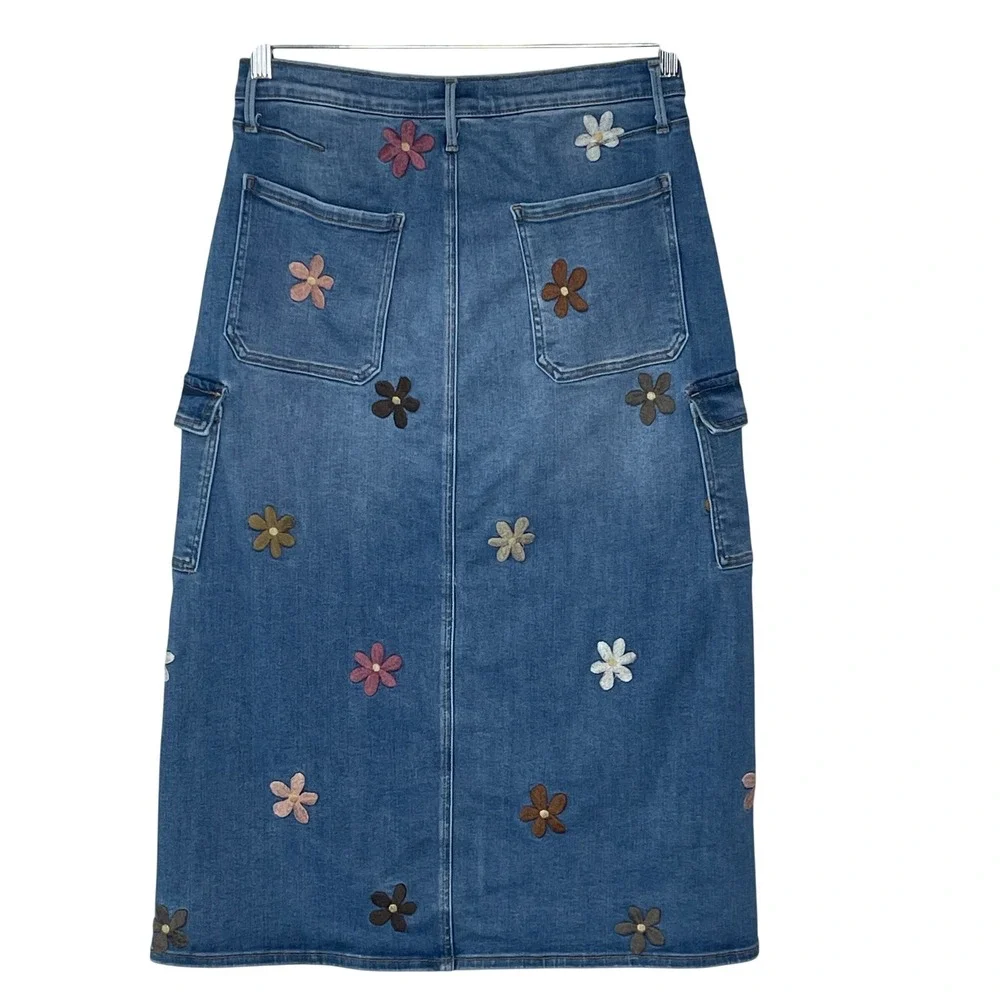 Driftwood Piper Floral Embroidered Denim Cargo Midi Skirt Blue Womens Size 29 - Picture 2 of 9